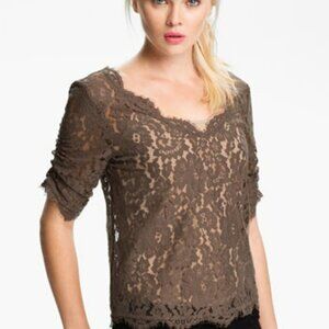 Joie Dark Brown Lace See Through V Neck Ruched Sleeve Top Blouse